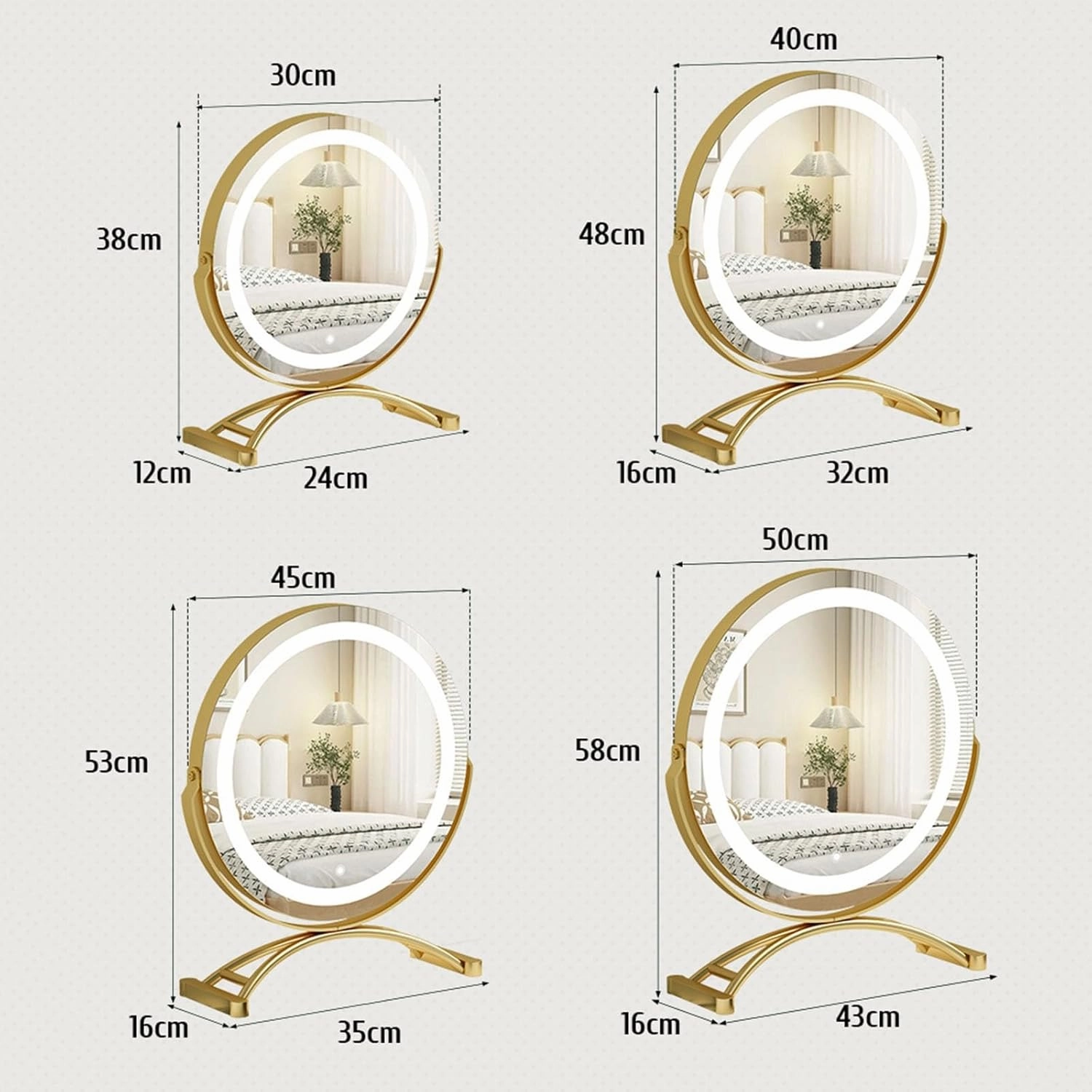 Desktop Vanity Makeup Mirror with LED Lights, Lighted Dressing Table Mirror Revolve Make Up Mirror, Dimmable 3 Modes LED Light Strips, Smart Touch Screen(Black,30cm/11.8in)