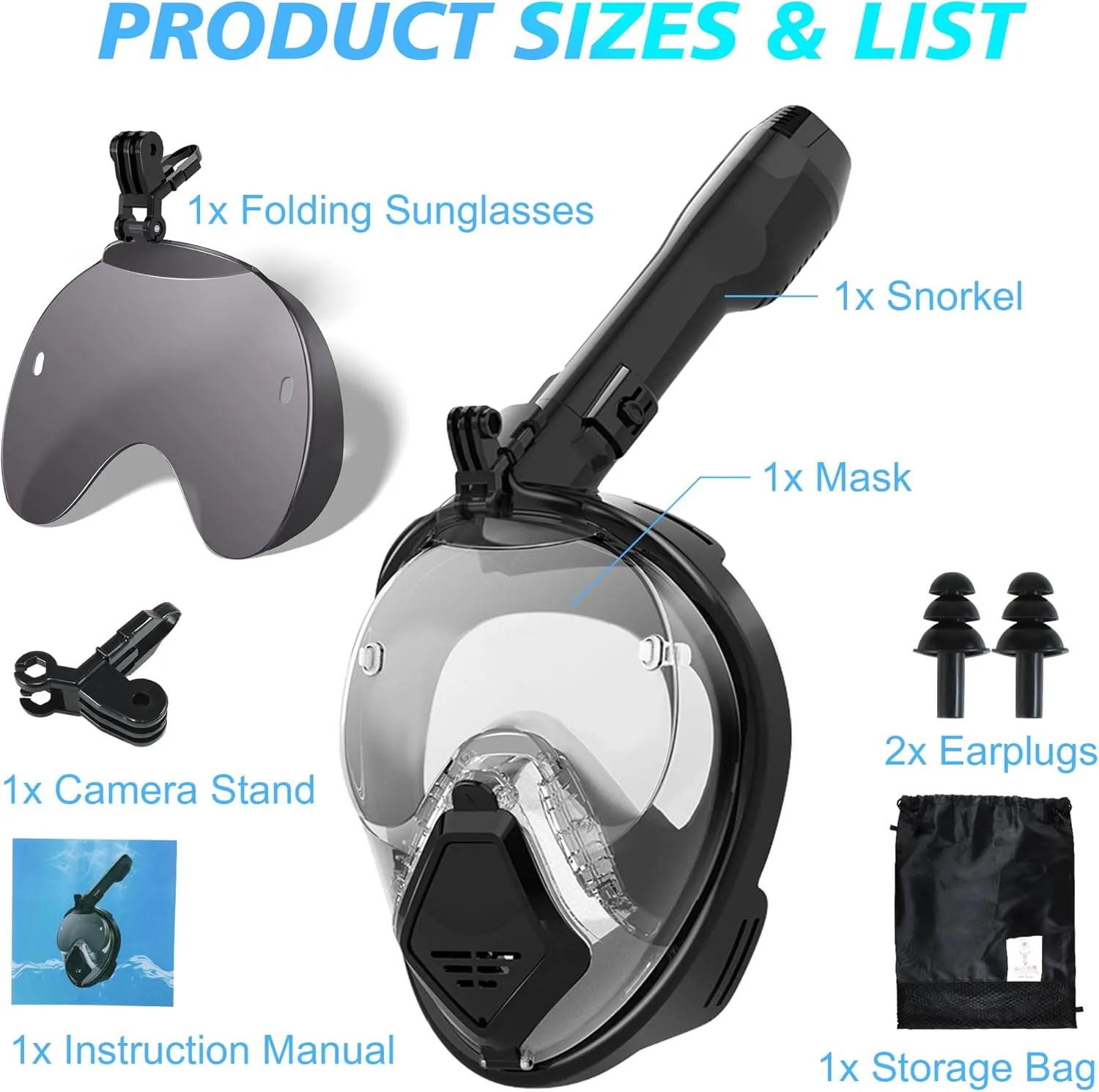 Devilfish Full Face Snorkel Mask Adults, Dry Top System Snorkeling Set with Foldable Sunglasses, 180 Degree Panoramic View Snorkel Gear, Scuba Diving Masks Anti-Leak & Anti-Fog