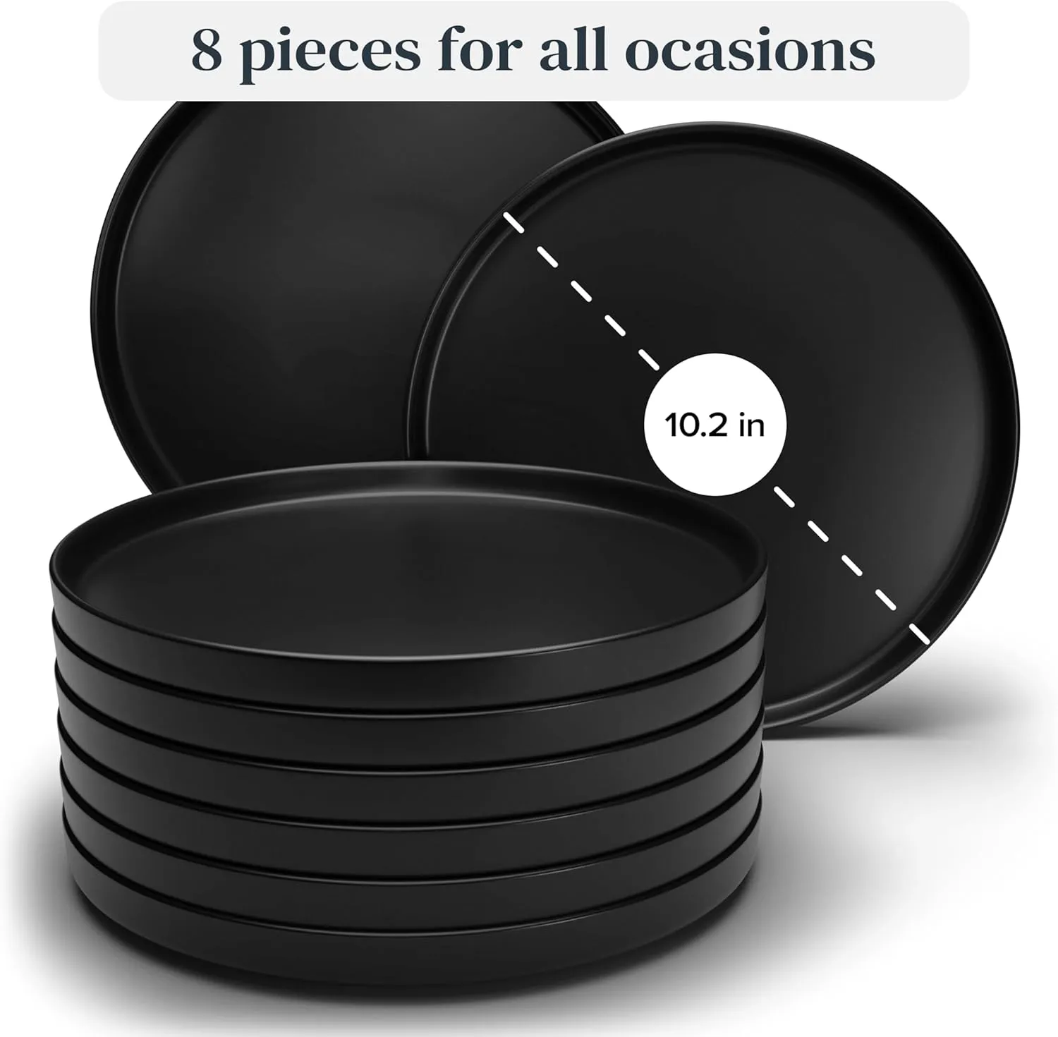 Dinner Plates Set of 8, 10.5" Stoneware Plates, Stylish Plates, Dinner Plates Ceramic, Dishwasher and Microwave Safe Matte Black Ceramic Plates
