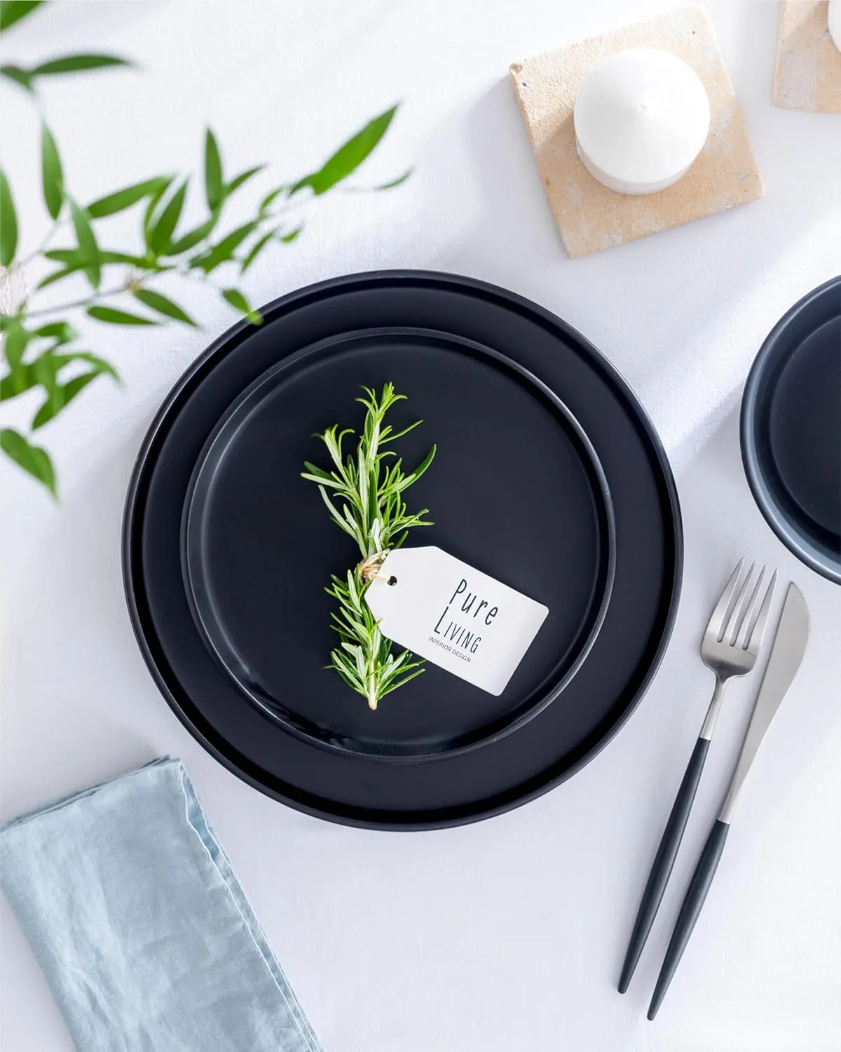 Dinner Plates Set of 8, 10.5" Stoneware Plates, Stylish Plates, Dinner Plates Ceramic, Dishwasher and Microwave Safe Matte Black Ceramic Plates