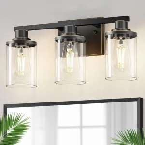 DORESshop 20 Inch Bathroom Light Fixtures, 3-Light Black with Gold Trim Over Mirror with Clear Glass Shade, Vanity Lights for Living Room Bedroom, ETL Listed