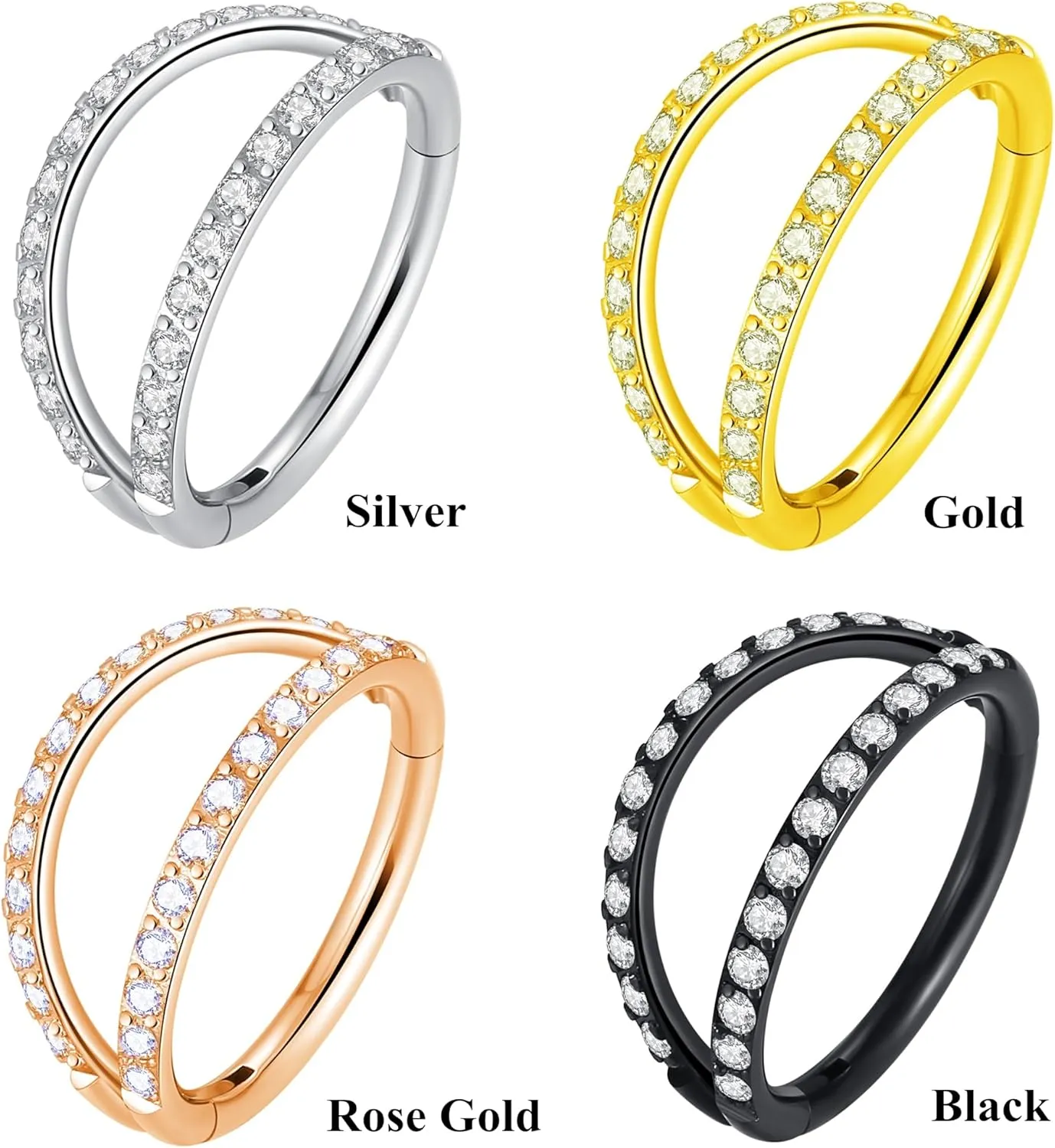 Double Open Stack CZ Nose Ring Hoop 316L Surgical Steel Helix Rook Conch Cartilage Daith Tragus Earrings Hinged Segment Nostril Piercing Septum Clicker 20G 18G 16G Lip Ring