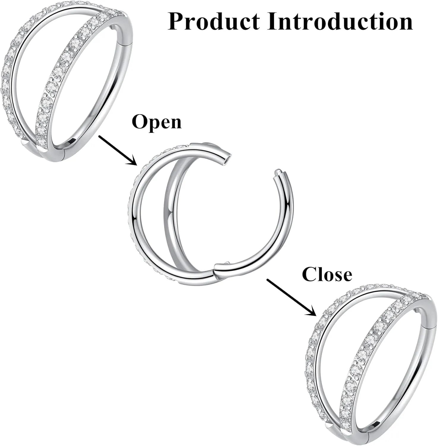 Double Open Stack CZ Nose Ring Hoop 316L Surgical Steel Helix Rook Conch Cartilage Daith Tragus Earrings Hinged Segment Nostril Piercing Septum Clicker 20G 18G 16G Lip Ring