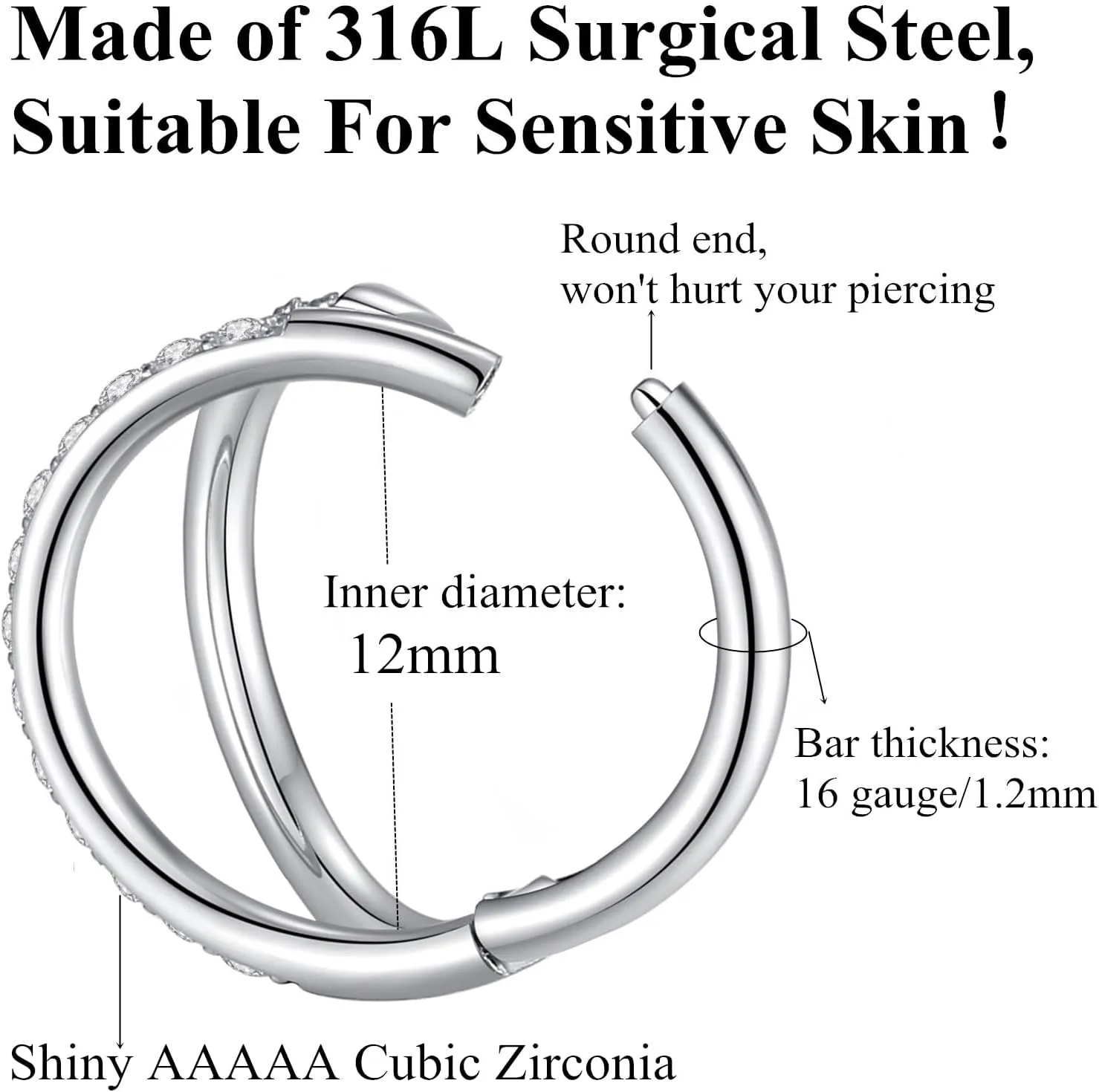 Double Open Stack CZ Nose Ring Hoop 316L Surgical Steel Helix Rook Conch Cartilage Daith Tragus Earrings Hinged Segment Nostril Piercing Septum Clicker 20G 18G 16G Lip Ring
