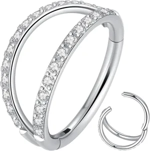 Double Open Stack CZ Nose Ring Hoop 316L Surgical Steel Helix Rook Conch Cartilage Daith Tragus Earrings Hinged Segment Nostril Piercing Septum Clicker 20G 18G 16G Lip Ring