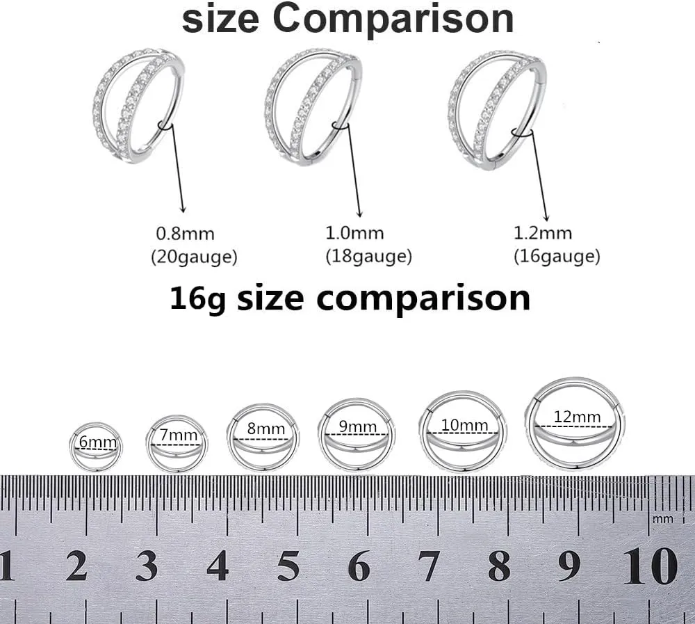 Double Open Stack CZ Nose Ring Hoop 316L Surgical Steel Helix Rook Conch Cartilage Daith Tragus Earrings Hinged Segment Nostril Piercing Septum Clicker 20G 18G 16G Lip Ring