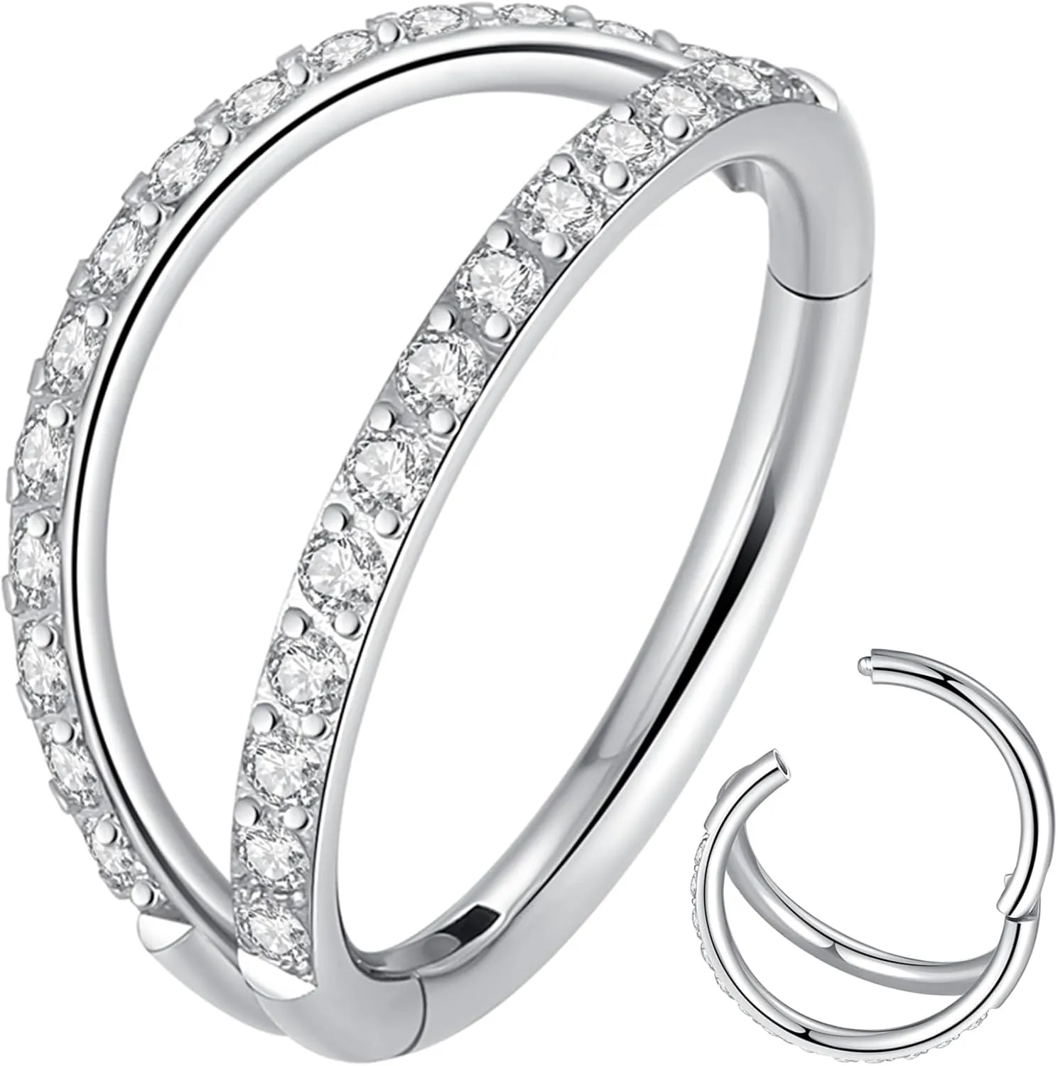 Double Open Stack CZ Nose Ring Hoop 316L Surgical Steel Helix Rook Conch Cartilage Daith Tragus Earrings Hinged Segment Nostril Piercing Septum Clicker 20G 18G 16G Lip Ring