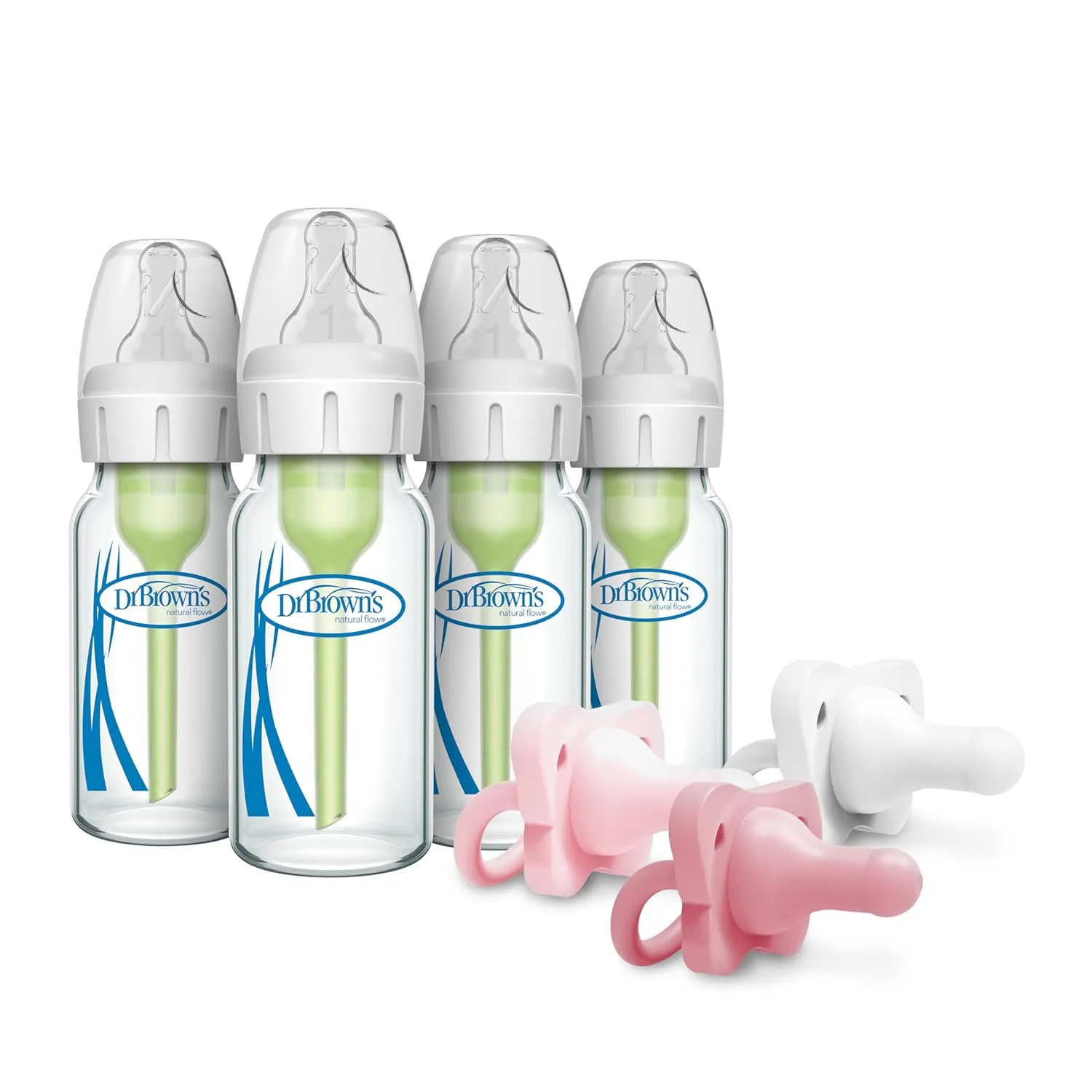 Dr. Brown's Anti-Colic Glass Baby Bottles 4 oz, 4-Pack   HappyPaci Silicone Pacifiers, White/Pink Set, 3-Pack | Anti-Colic Bottles with Slow Flow Nipples & Soft, BPA-Free Pacifiers for Newborns