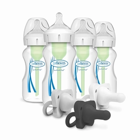 Dr. Brown’s Natural Flow® Anti-Colic Options ™ Wide-Neck Baby Bottle, 9 oz/270 mL, Level 1 Nipple, 4-Pack, 0m  with HappyPaci 100% Silicone Pacifier 0-6m, BPA Free, Black, Cool Gray, White 3 Pack