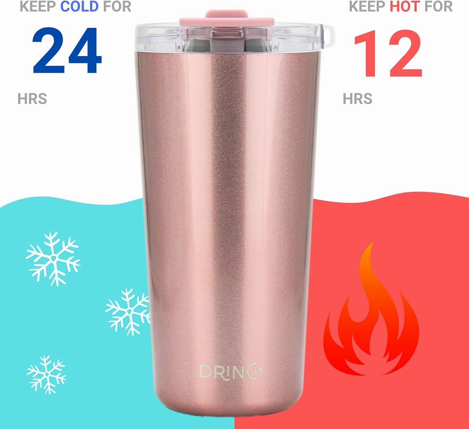 Drinco - 20 oz Stainless Steel Tumbler | Double Walled Vacuum Insulated Mug With Lid, 2 Straws, For Hot & Cold Drinks (20oz Bling Rose Gold, 20oz)