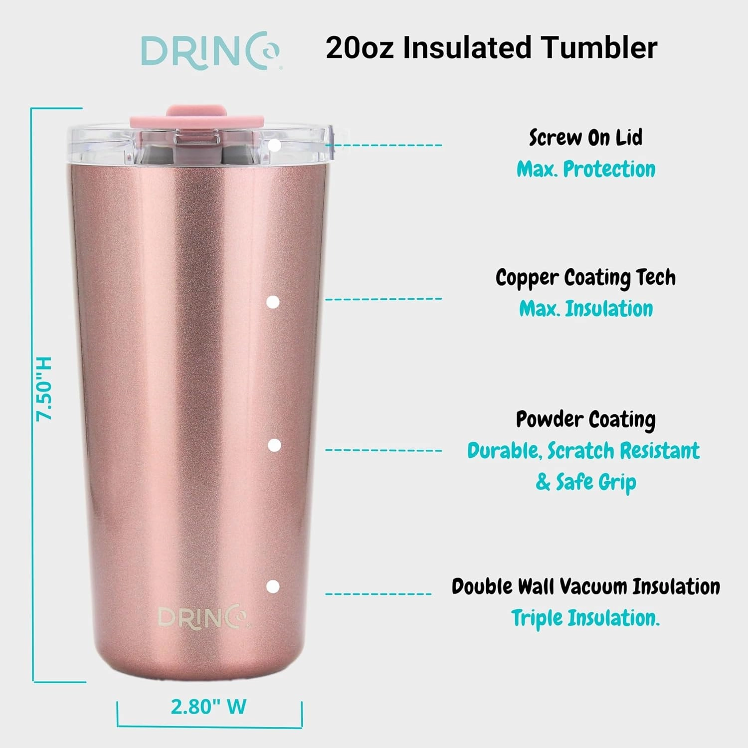 Drinco - 20 oz Stainless Steel Tumbler | Double Walled Vacuum Insulated Mug With Lid, 2 Straws, For Hot & Cold Drinks (20oz Bling Rose Gold, 20oz)