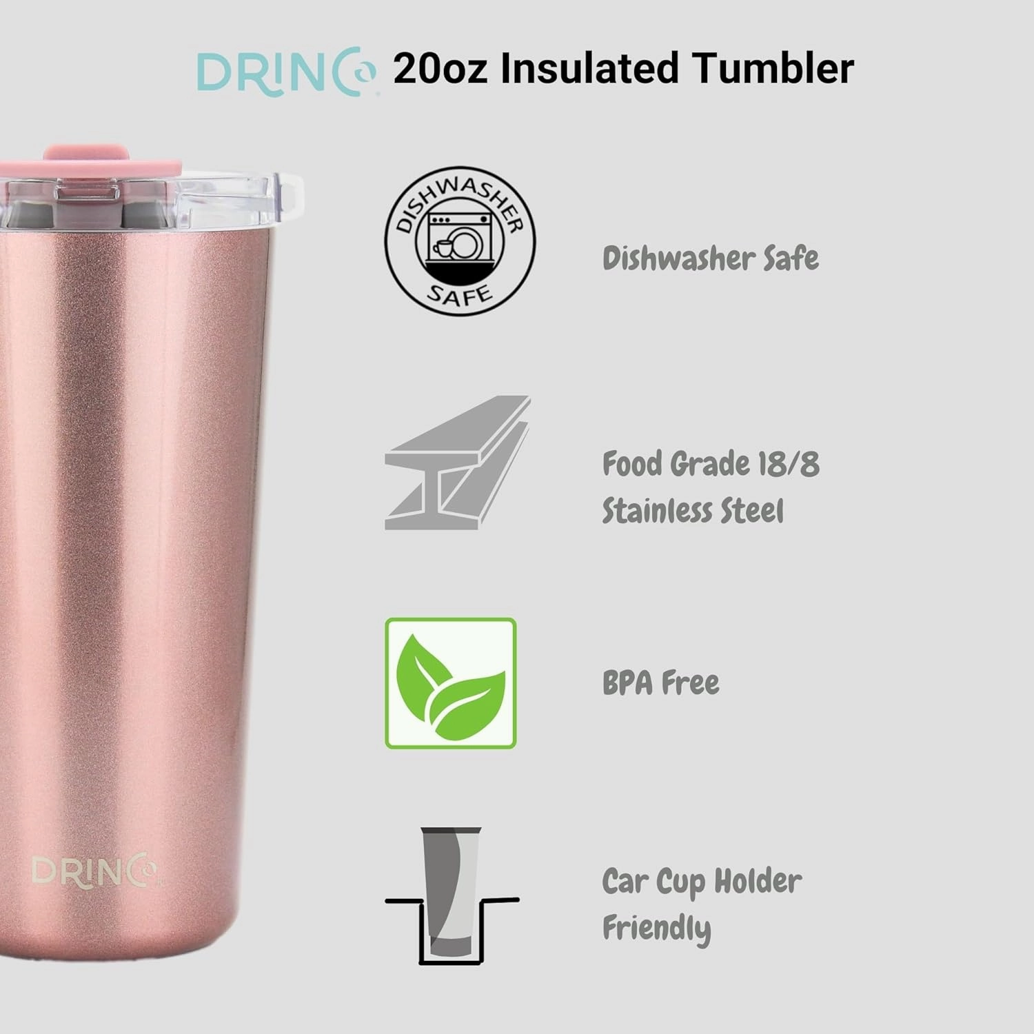 Drinco - 20 oz Stainless Steel Tumbler | Double Walled Vacuum Insulated Mug With Lid, 2 Straws, For Hot & Cold Drinks (20oz Bling Rose Gold, 20oz)