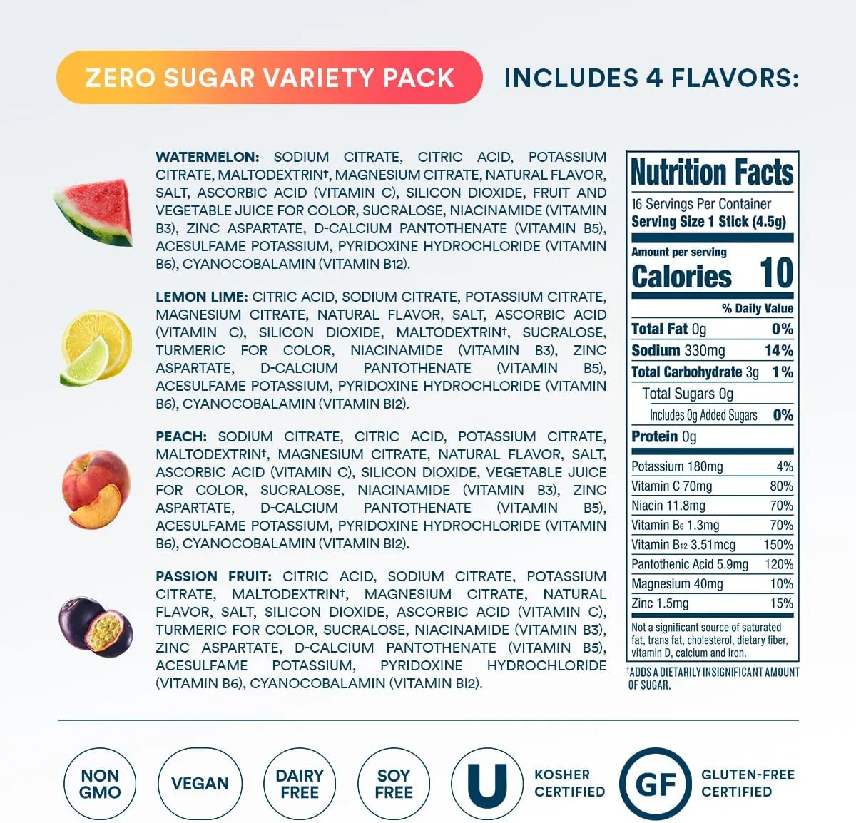 DripDrop Sugar Free Hydration Packets - Zero Classic Variety Pack - Single Serve Electrolytes Powder Drink Mix - Lemon Lime, Watermelon, Peach, Passion Fruit - Non-GMO, Gluten Free, Vegan - 16 Sticks