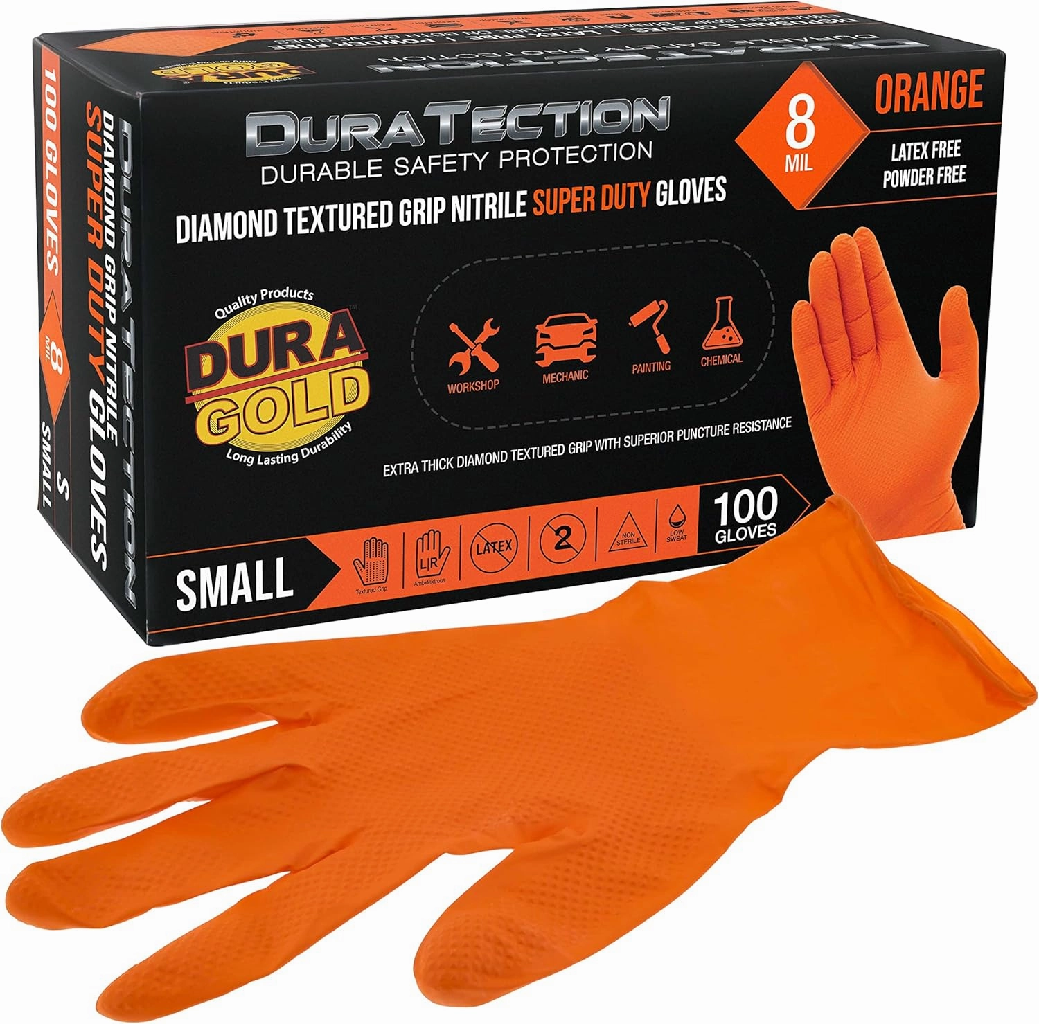 Dura-Gold Duratection 8 Mil Orange Super Duty Diamond Textured Nitrile Disposable Gloves
