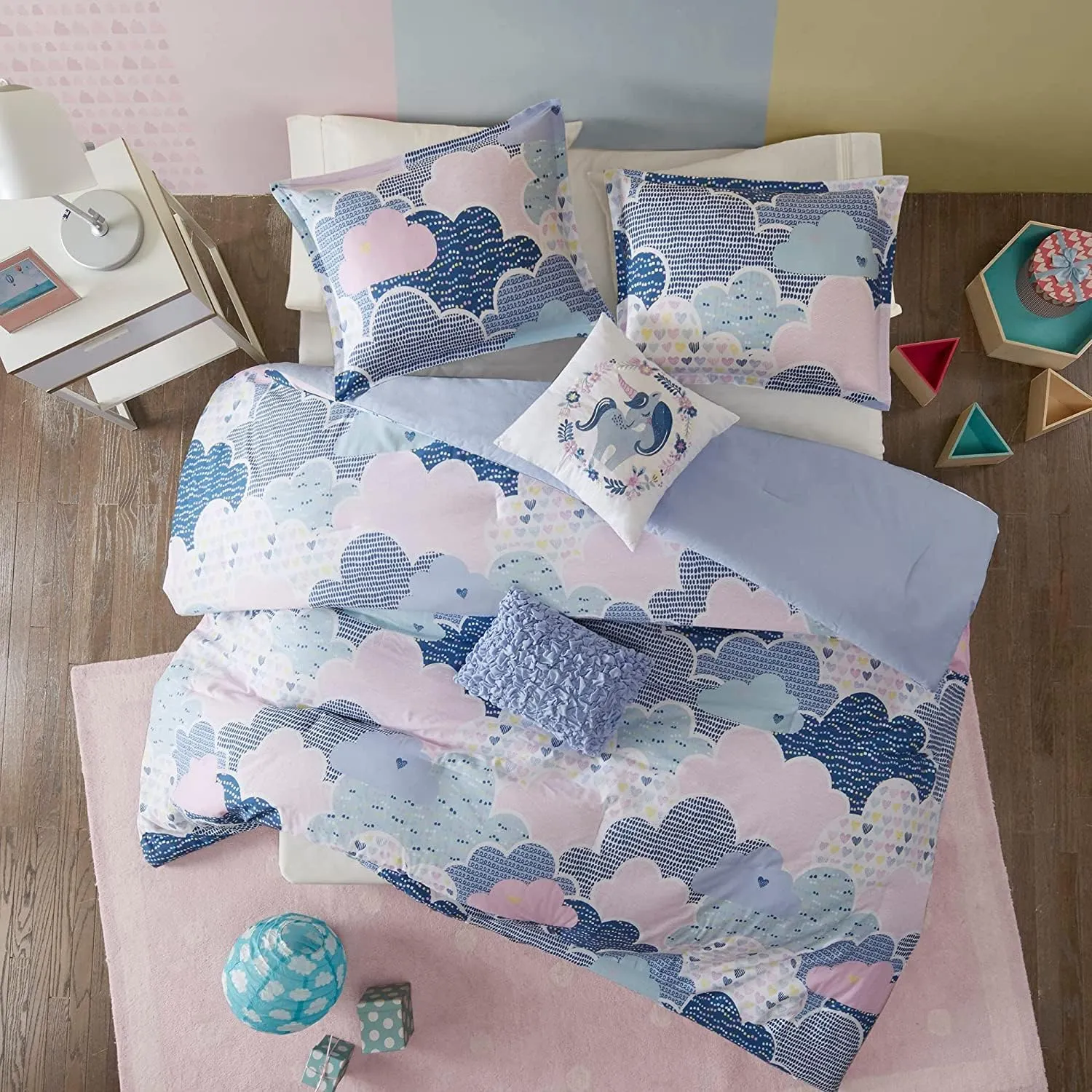 Duvet Set Vibrant Fun and Playful Print All Season Comforter Cover Matching Shams, Decorative Pillow, Children Bedding, Bedroom Décor, Twin/Twin XL, Cloud Blue 4 Piece