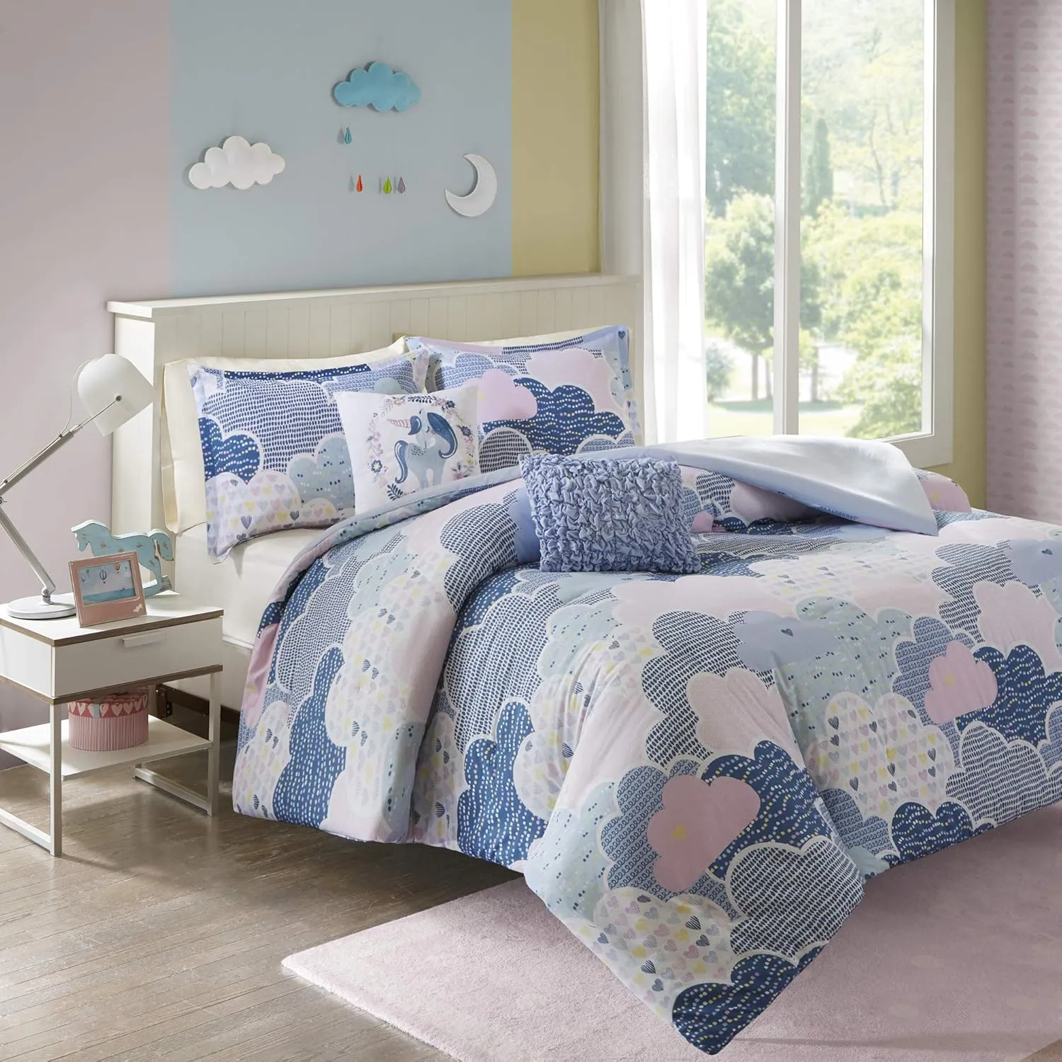 Duvet Set Vibrant Fun and Playful Print All Season Comforter Cover Matching Shams, Decorative Pillow, Children Bedding, Bedroom Décor, Twin/Twin XL, Cloud Blue 4 Piece