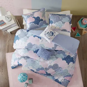 Duvet Set Vibrant Fun and Playful Print All Season Comforter Cover Matching Shams, Decorative Pillow, Children Bedding, Bedroom Décor, Twin/Twin XL, Cloud Blue 4 Piece