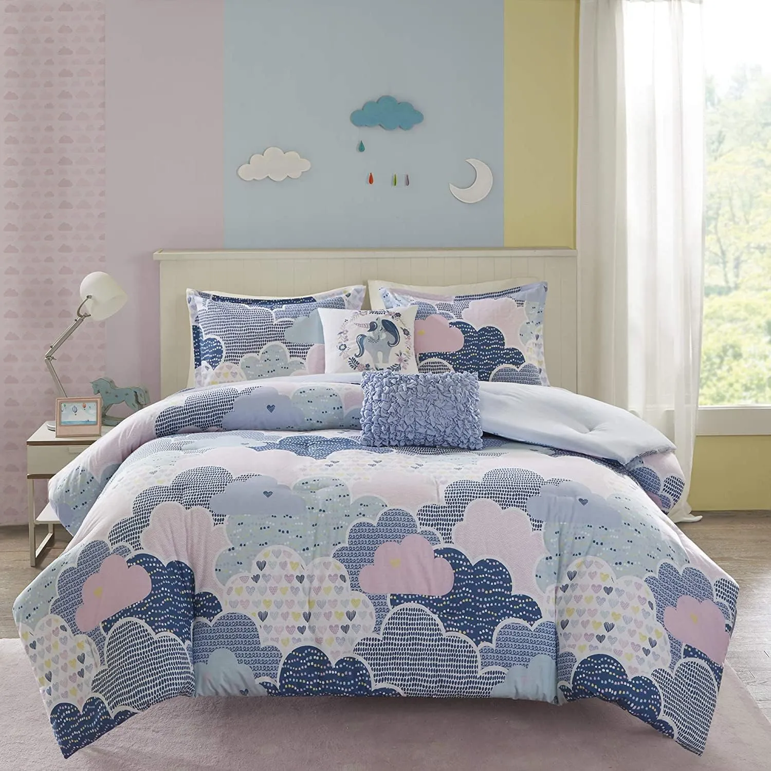 Duvet Set Vibrant Fun and Playful Print All Season Comforter Cover Matching Shams, Decorative Pillow, Children Bedding, Bedroom Décor, Twin/Twin XL, Cloud Blue 4 Piece