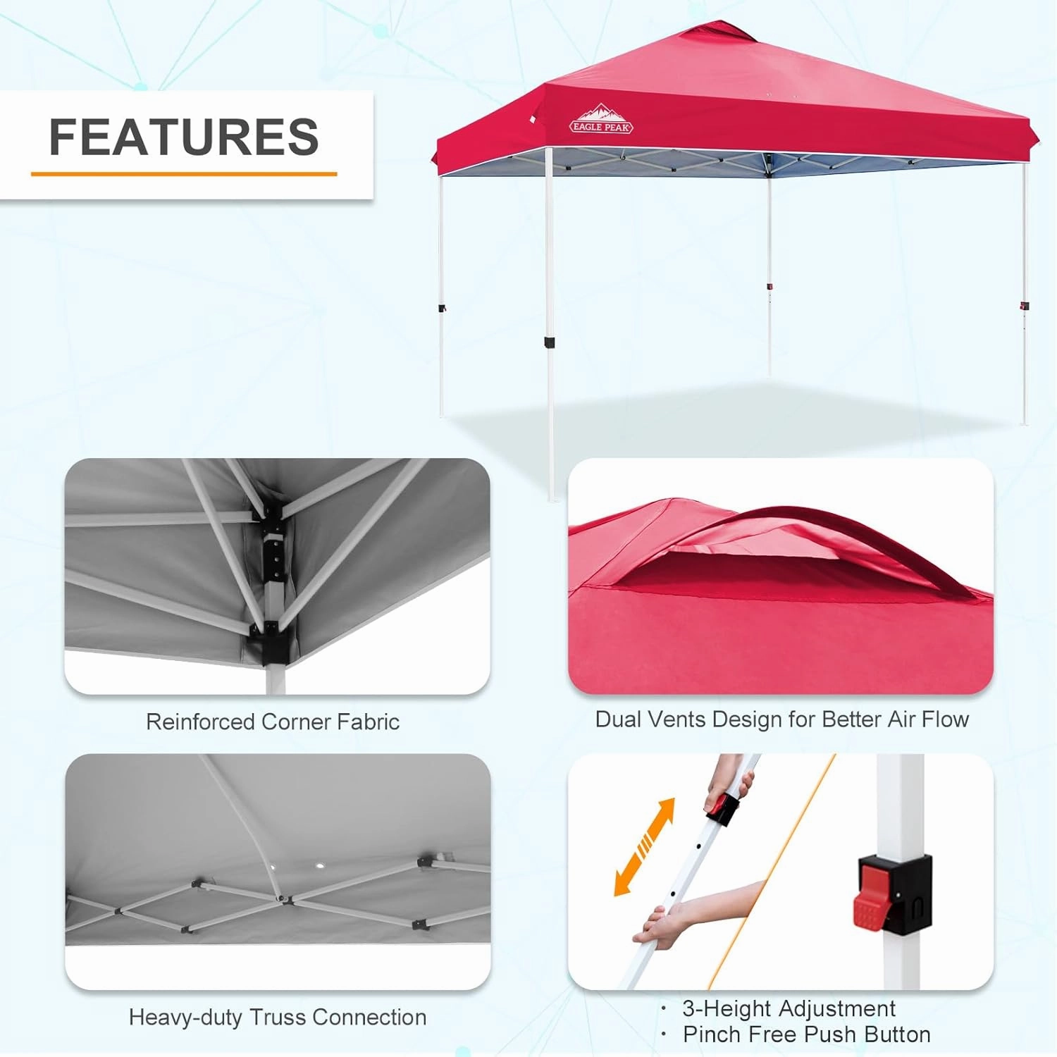 EAGLE PEAK Pop Up Canopy Tent with Wheeled Carry Bag, 8 Stakes, 4 Ropes, 4 Weight Bags, Easy Set Up Tent Canopy, 12x12 ft, 144sqft of Shade, Red