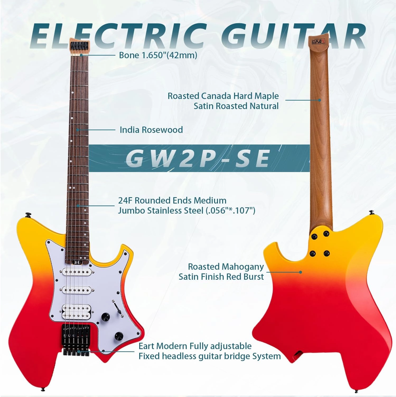 EART GW2P-SE Headless Electric Guitar, Solid Electric Guitar,Carbon-Roasted Hard Maple Neck Fully Adjustable Bridge, Satin Finish