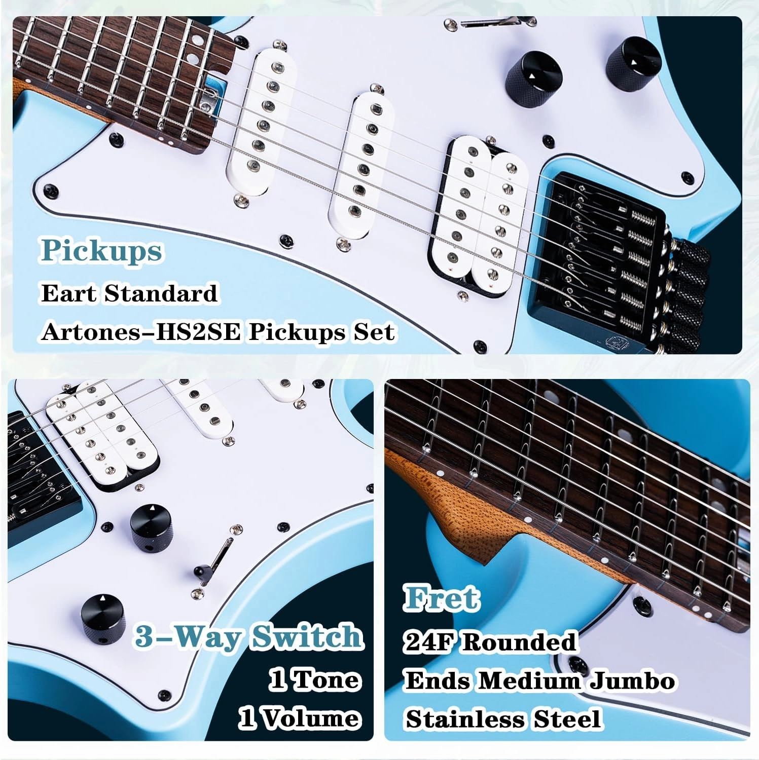 EART GW2P-SE Headless Electric Guitar, Solid Electric Guitar,Carbon-Roasted Hard Maple Neck Fully Adjustable Bridge, Satin Finish