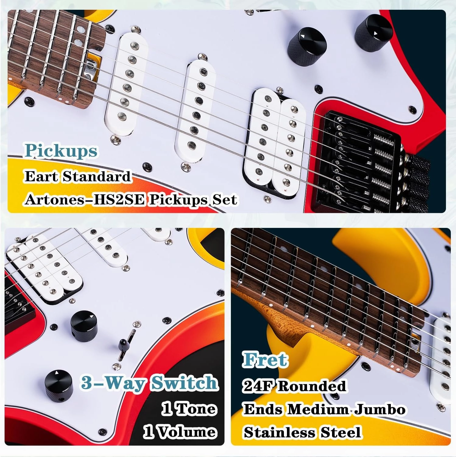 EART GW2P-SE Headless Electric Guitar, Solid Electric Guitar,Carbon-Roasted Hard Maple Neck Fully Adjustable Bridge, Satin Finish