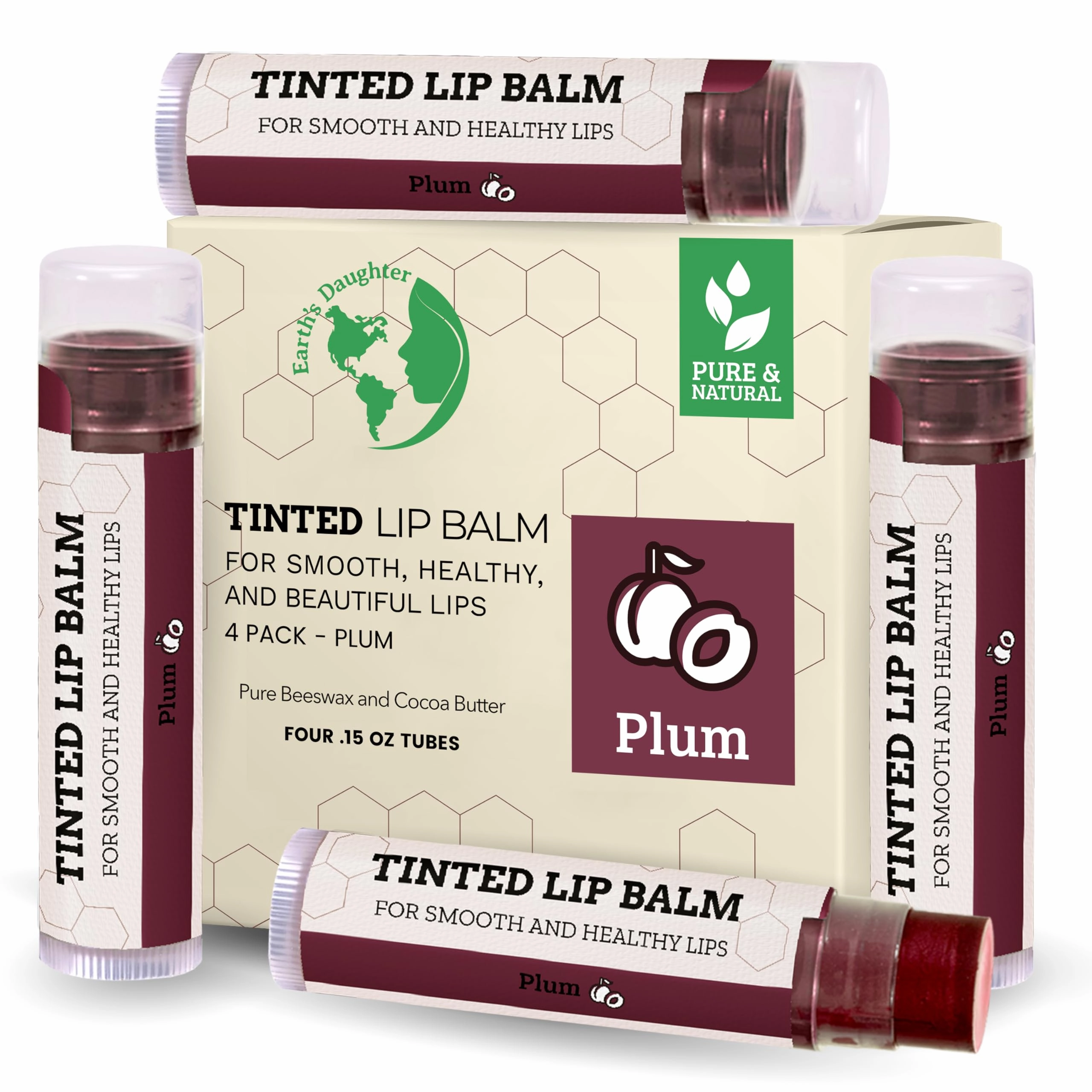 Earth's Daughter Tinted Lip Balm 4 Pack of Plum Color - Beeswax, Coconut Oil, Cocoa Butter, Vitamin E -Moisturize and Beautify, Paraben Free