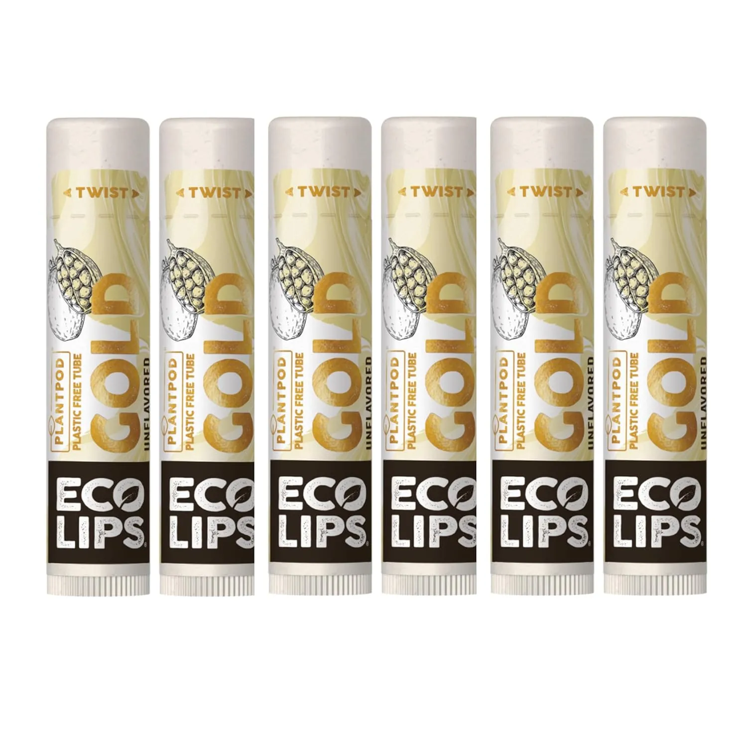 Eco Lips GOLD 100% Organic Lip Balm with Baobab - Soothe and Moisturize Dry, Cracked and Chapped Lips - 100% Plastic-Free Plant Pod Packaging (6 Tubes)