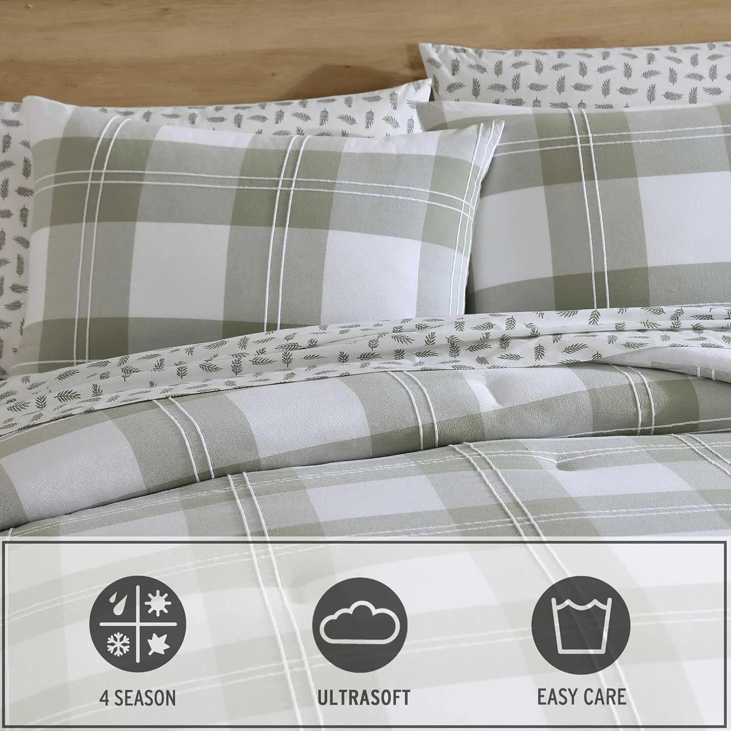 Eddie Bauer - Full/Queen Comforter Set, Premium Cotton Embroidered Bedding with Matching Sham(s), Plaid Home Decor (Mountain Embroidery Plaid Green, Full/Queen)