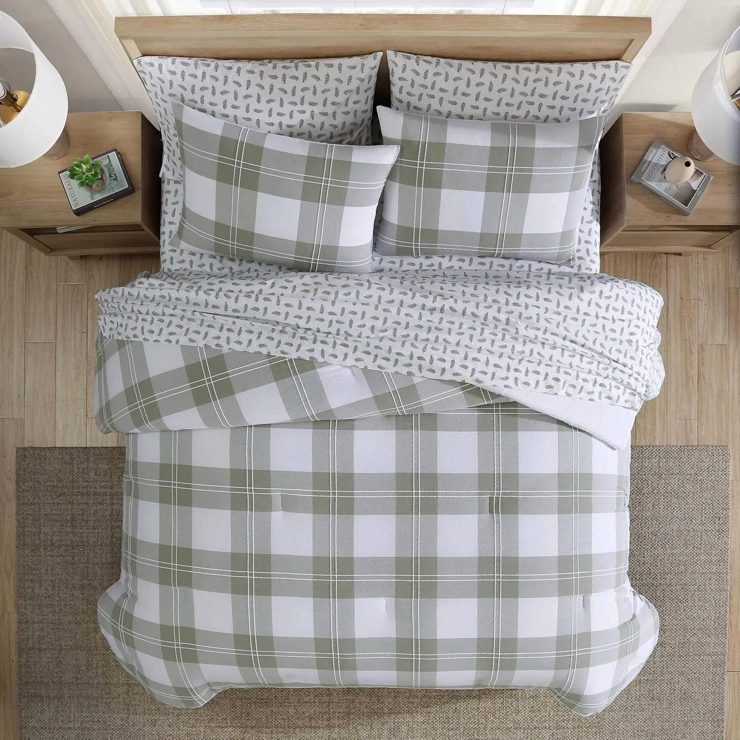 Eddie Bauer - Full/Queen Comforter Set, Premium Cotton Embroidered Bedding with Matching Sham(s), Plaid Home Decor (Mountain Embroidery Plaid Green, Full/Queen)