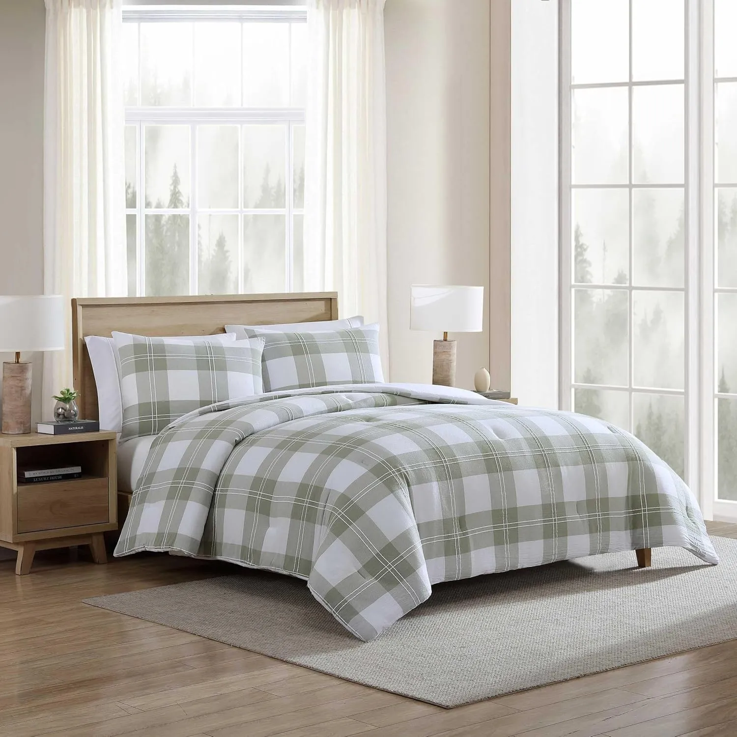 Eddie Bauer - Full/Queen Comforter Set, Premium Cotton Embroidered Bedding with Matching Sham(s), Plaid Home Decor (Mountain Embroidery Plaid Green, Full/Queen)