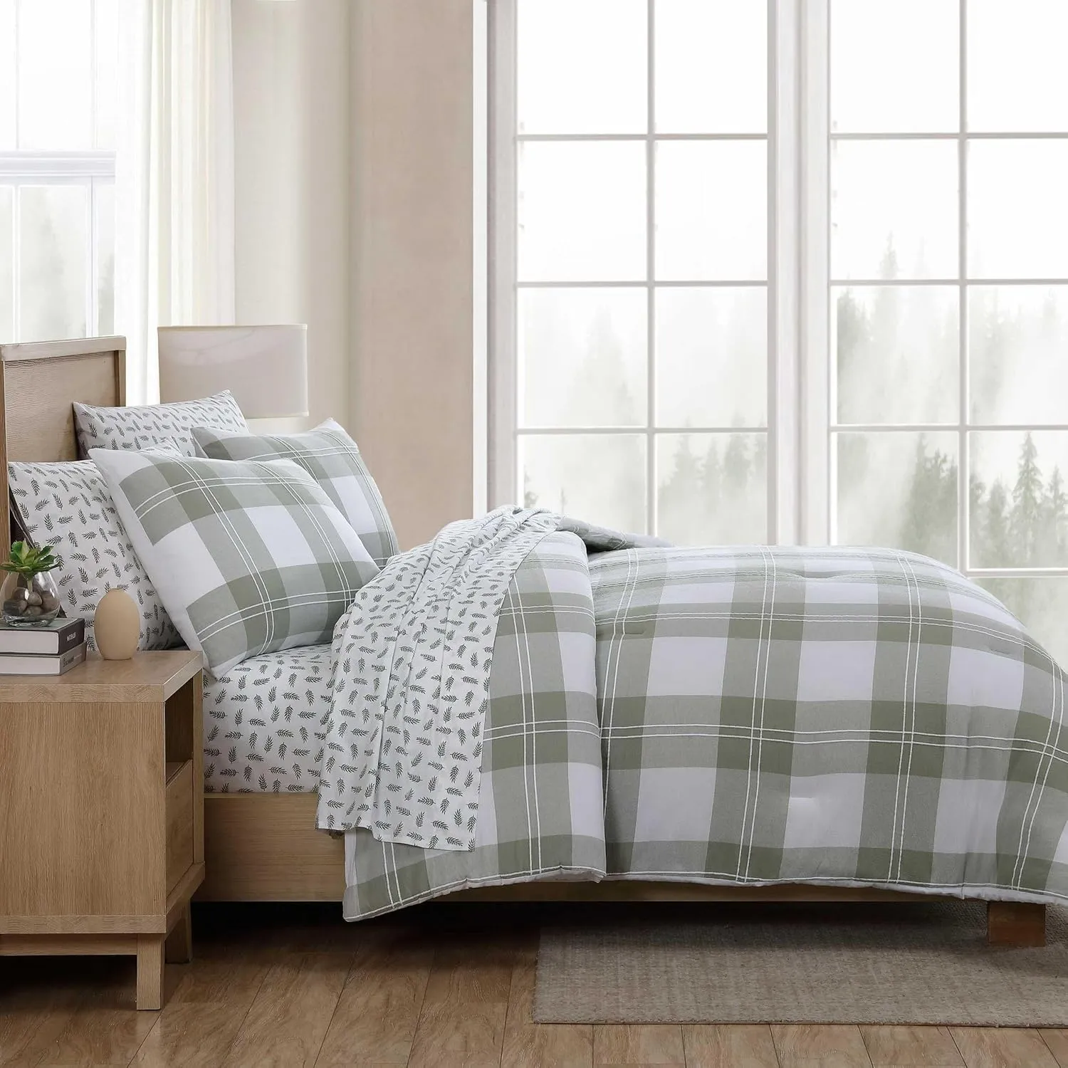 Eddie Bauer - Full/Queen Comforter Set, Premium Cotton Embroidered Bedding with Matching Sham(s), Plaid Home Decor (Mountain Embroidery Plaid Green, Full/Queen)