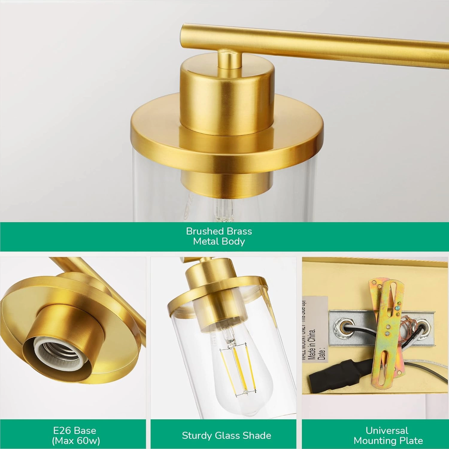 EDISHINE Bathroom Light Fixtures, 2-Light Gold Bathroom Vanity Light, Modern Wall Sconces with Clear Glass Shades for Powder Room, Vanity Table, Mirror, Kitchen (E26 Base), ETL Listed