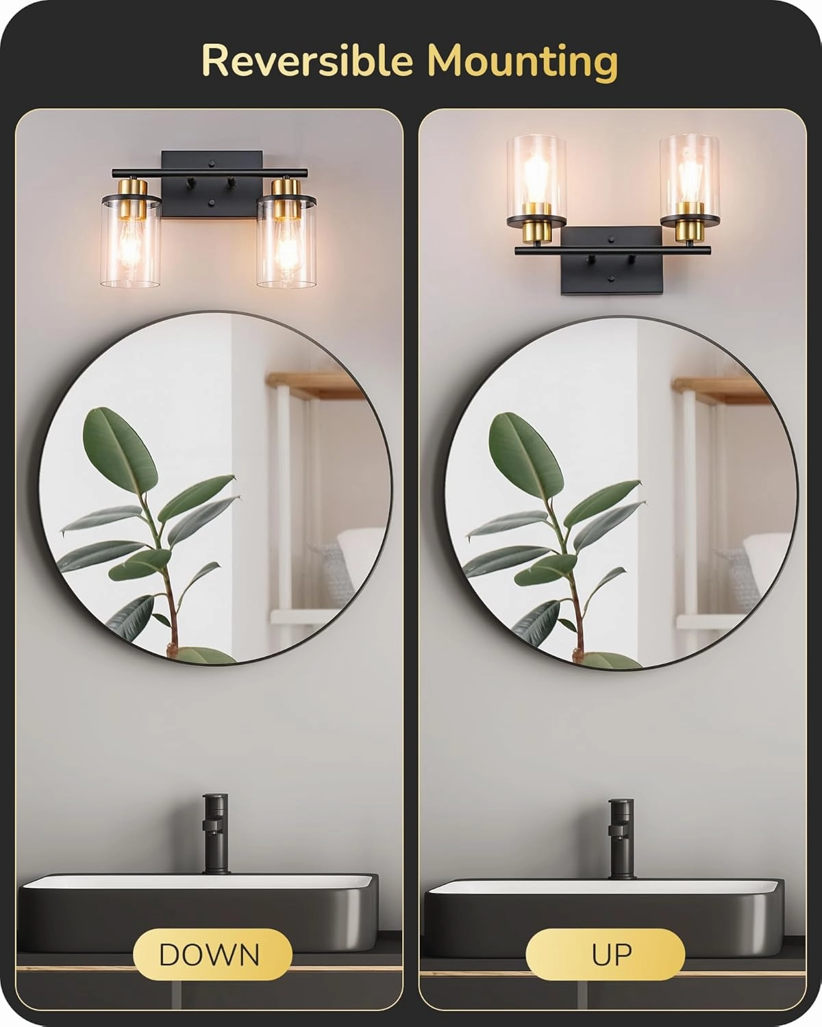 EDISHINE Bathroom Light Fixtures, 2-Light Modern Bathroom Vanity Lights Over Mirror, Bath Wall Sconce Lamp with Clear Glass Shade for Powder Room, Vanity Table, Mirror, Kitchen Black and Gold