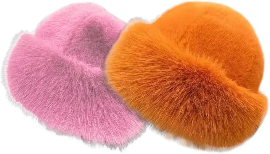 Eforcase 2PCS Women Winter Fuzzy Bucket Hat Warm Faux Fur Fluffy Hat Fisherman Cap Russian Cossack Style Hat for Cold Weather