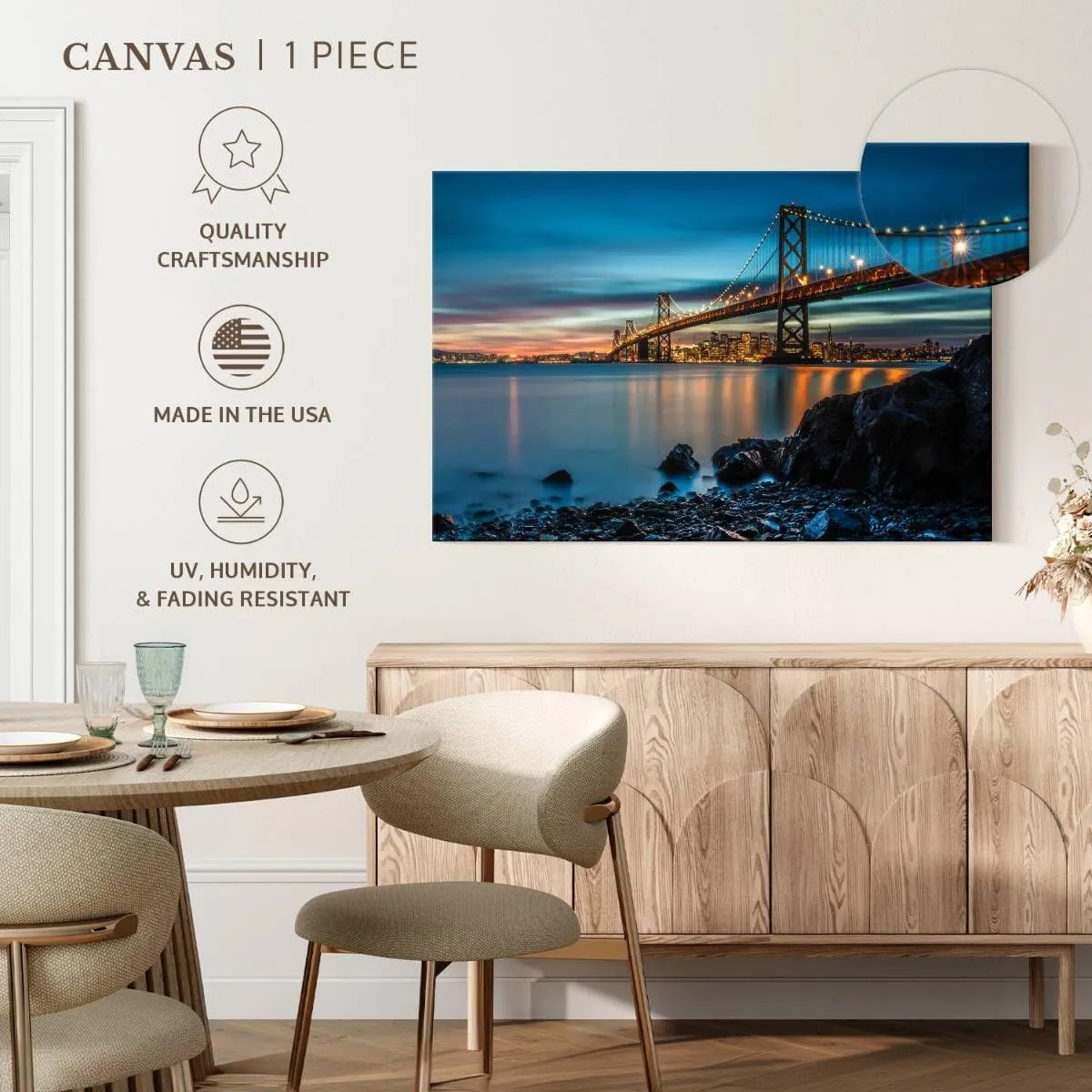 Elephant Stock - Oakland Bay Bridge At Dusk Wall Art - Horizontal Canvas Wall Art - Living Room Wall Decor - Photography Architecture Canvas Art - Teal And Blue Decor - 51" x 34"