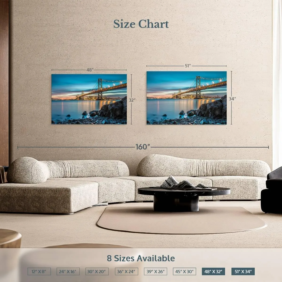 Elephant Stock - Oakland Bay Bridge At Dusk Wall Art - Horizontal Canvas Wall Art - Living Room Wall Decor - Photography Architecture Canvas Art - Teal And Blue Decor - 51" x 34"