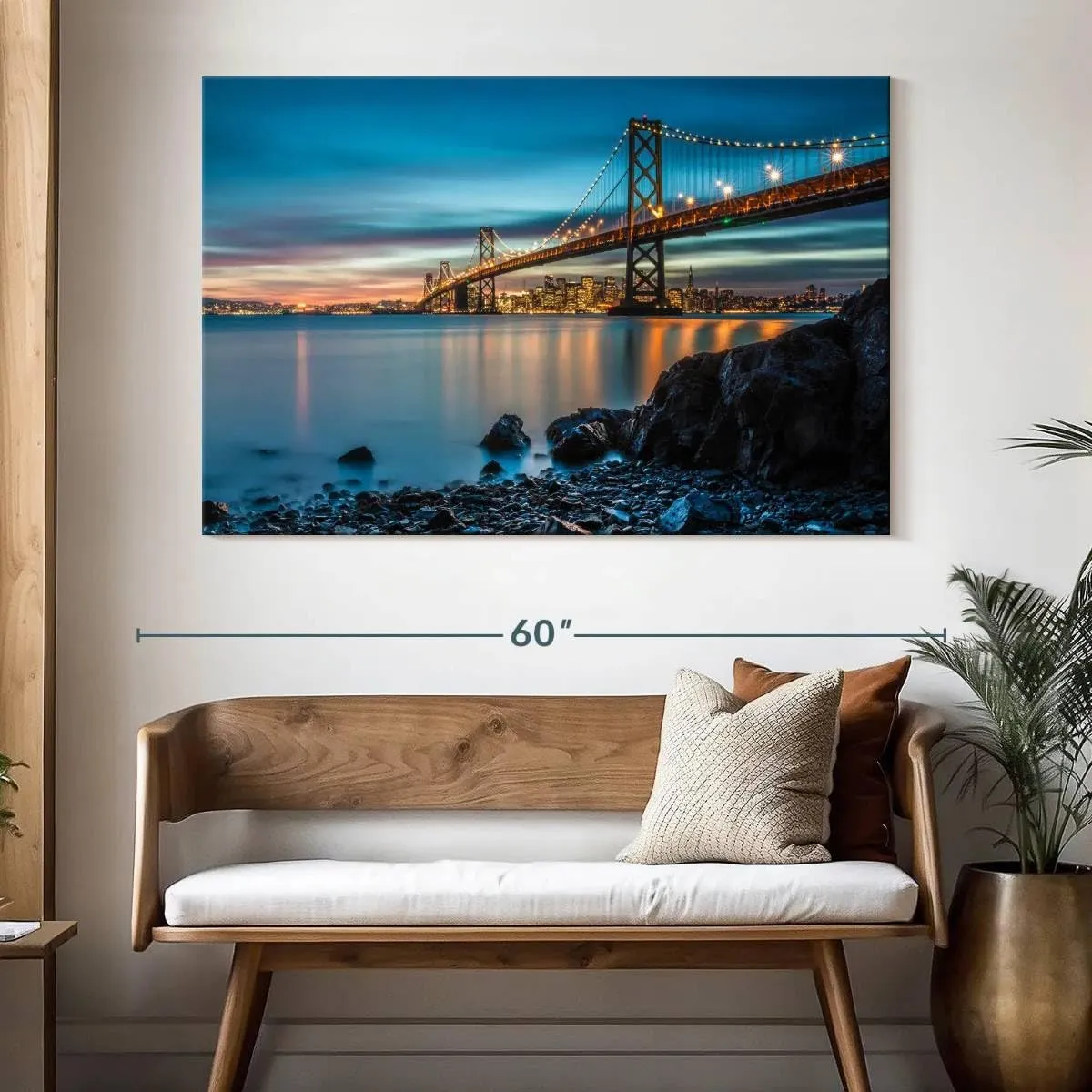 Elephant Stock - Oakland Bay Bridge At Dusk Wall Art - Horizontal Canvas Wall Art - Living Room Wall Decor - Photography Architecture Canvas Art - Teal And Blue Decor - 51" x 34"