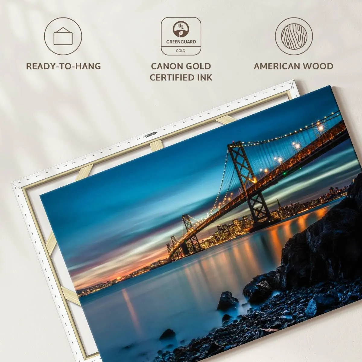 Elephant Stock - Oakland Bay Bridge At Dusk Wall Art - Horizontal Canvas Wall Art - Living Room Wall Decor - Photography Architecture Canvas Art - Teal And Blue Decor - 51" x 34"