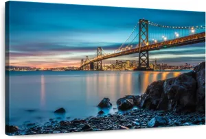 Elephant Stock - Oakland Bay Bridge At Dusk Wall Art - Horizontal Canvas Wall Art - Living Room Wall Decor - Photography Architecture Canvas Art - Teal And Blue Decor - 51" x 34"