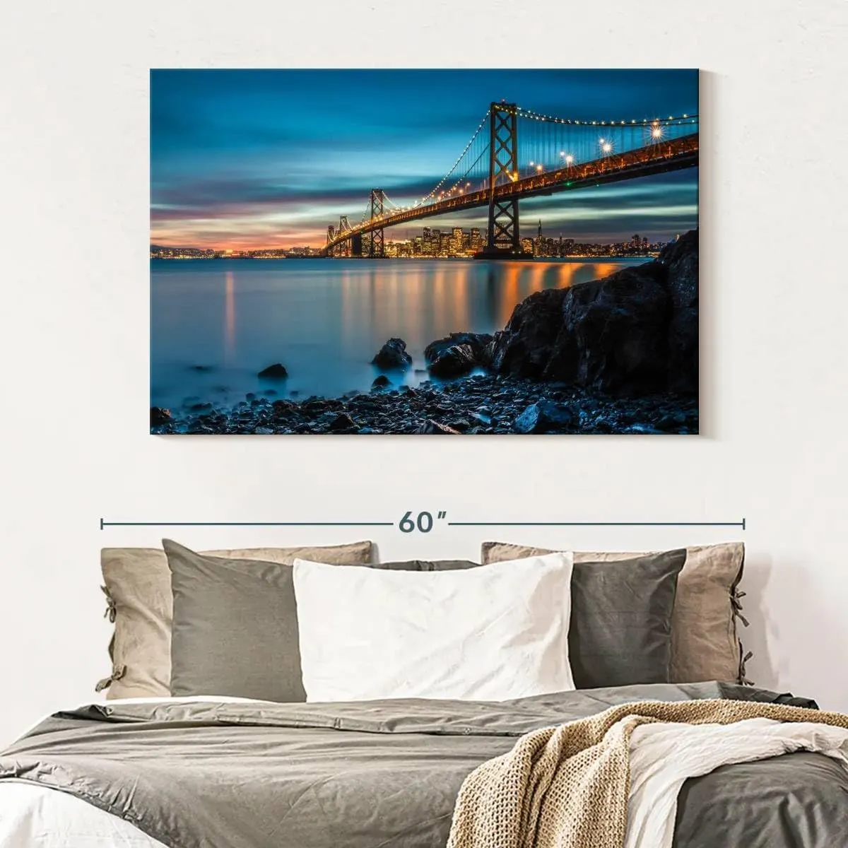 Elephant Stock - Oakland Bay Bridge At Dusk Wall Art - Horizontal Canvas Wall Art - Living Room Wall Decor - Photography Architecture Canvas Art - Teal And Blue Decor - 51" x 34"