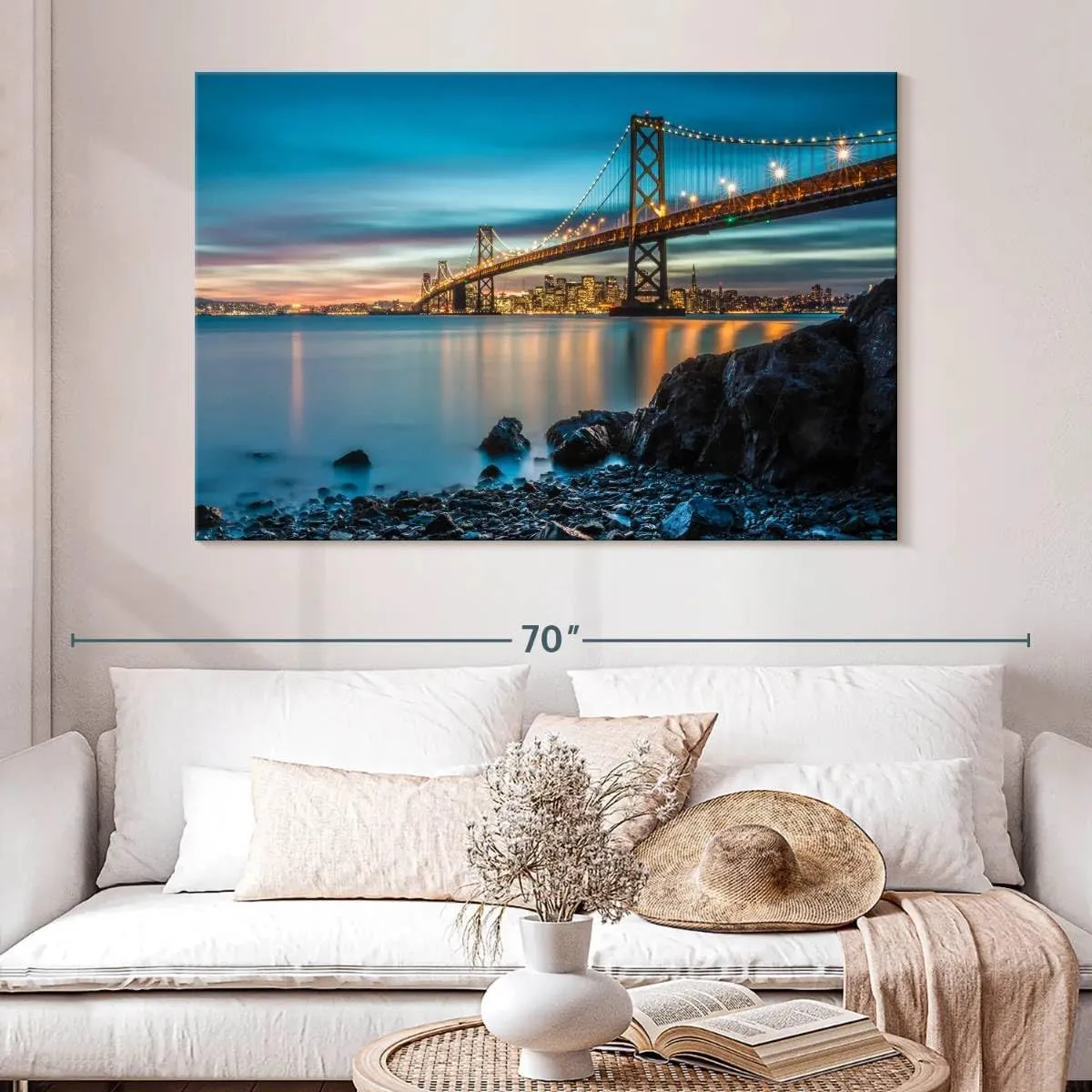 Elephant Stock - Oakland Bay Bridge At Dusk Wall Art - Horizontal Canvas Wall Art - Living Room Wall Decor - Photography Architecture Canvas Art - Teal And Blue Decor - 51" x 34"