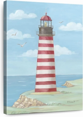 Elephant Stock - Americana Lighthouse West Quoddy Head Wall Art - Vertical Canvas Wall Art - Living Room Wall Decor - Watercolor Lighthouse Canvas Art - Blue And Red Decor by Paul Brent - 16" x 24"
