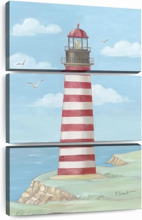 Elephant Stock - Americana Lighthouse West Quoddy Head Wall Art - Vertical Multi Panel Canvas - 3 Piece Living Room Wall Decor - Watercolor Lighthouse Multi Piece Wall Art - Blue And Red Decor by Paul Brent - 14" x 23"