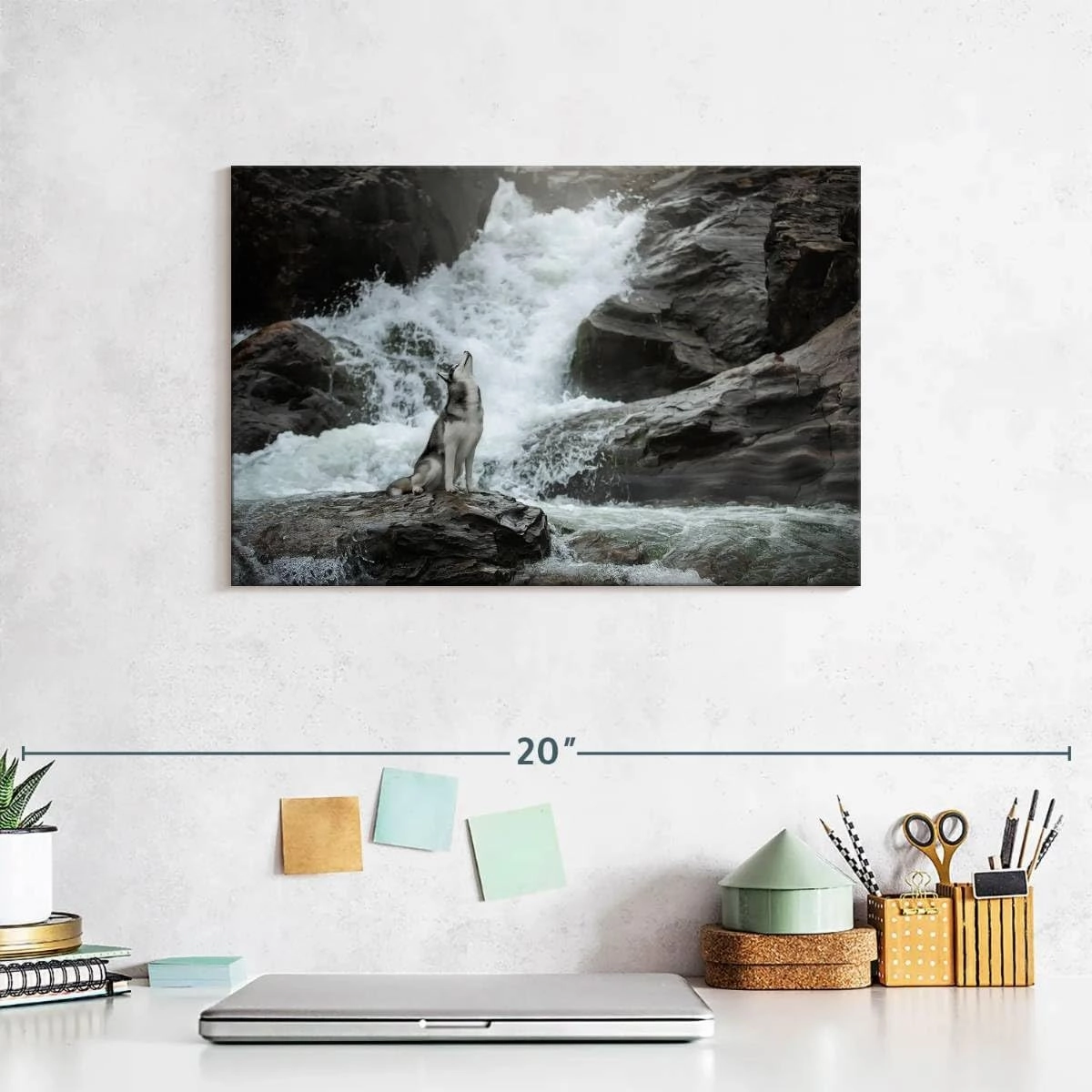 Elephant Stock - Husky By Waterfall Wall Art - Horizontal Canvas Wall Art - Living Room Wall Decor - Photography Nature Canvas Art - Brown And Gray Decor - 12" x 8"