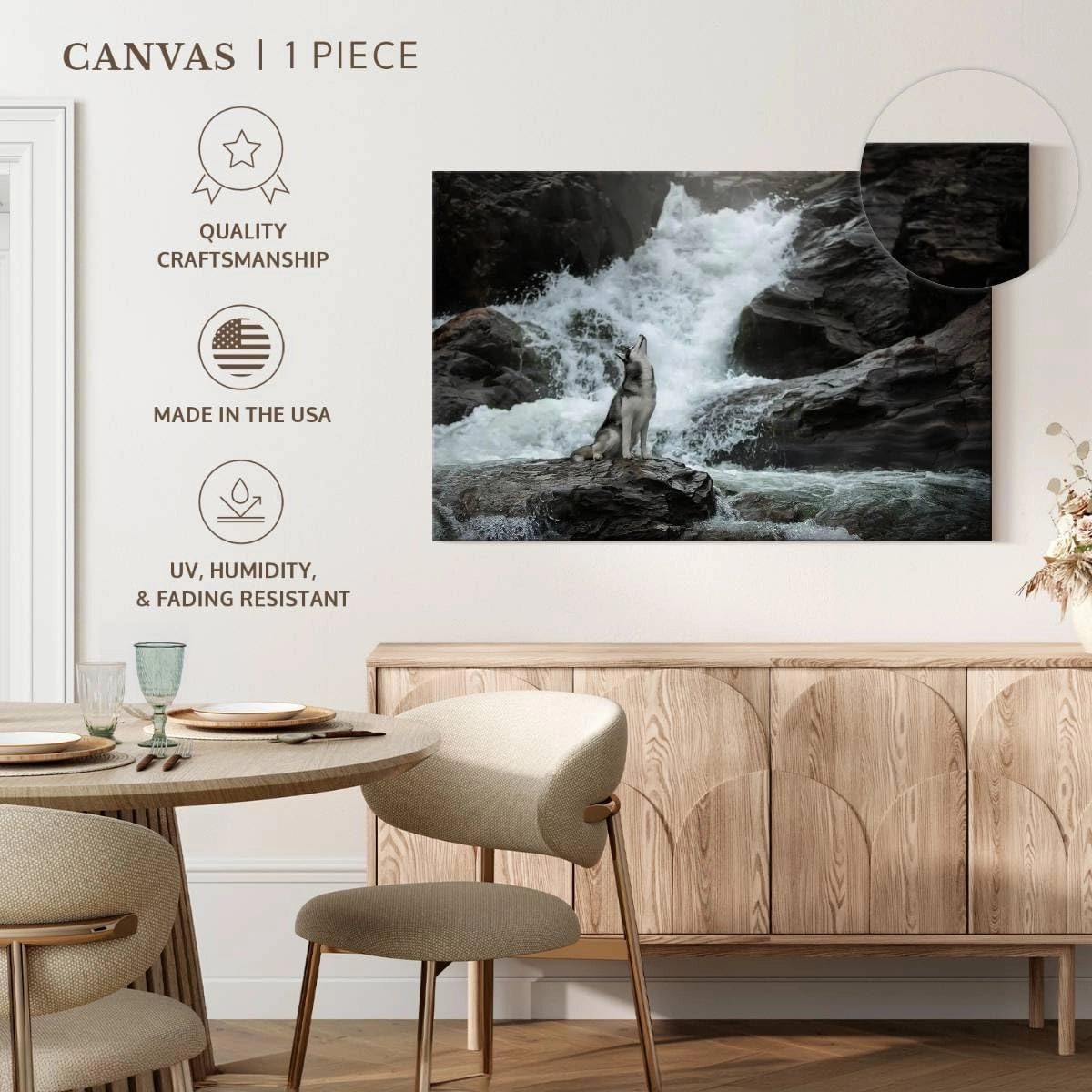 Elephant Stock - Husky By Waterfall Wall Art - Horizontal Canvas Wall Art - Living Room Wall Decor - Photography Nature Canvas Art - Brown And Gray Decor - 12" x 8"