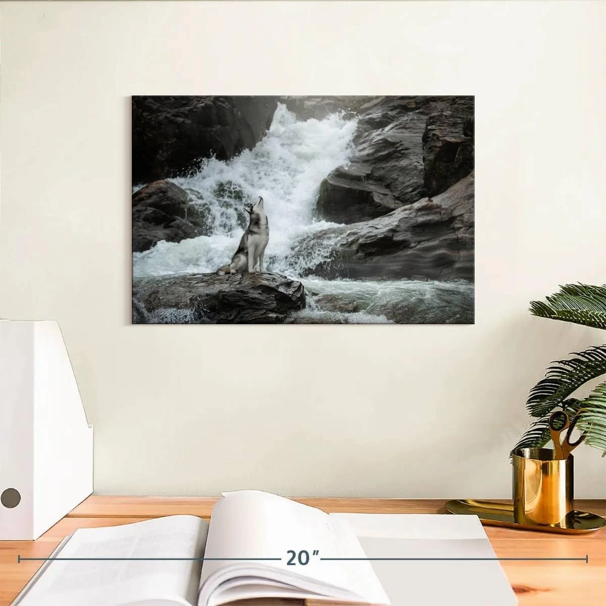 Elephant Stock - Husky By Waterfall Wall Art - Horizontal Canvas Wall Art - Living Room Wall Decor - Photography Nature Canvas Art - Brown And Gray Decor - 12" x 8"