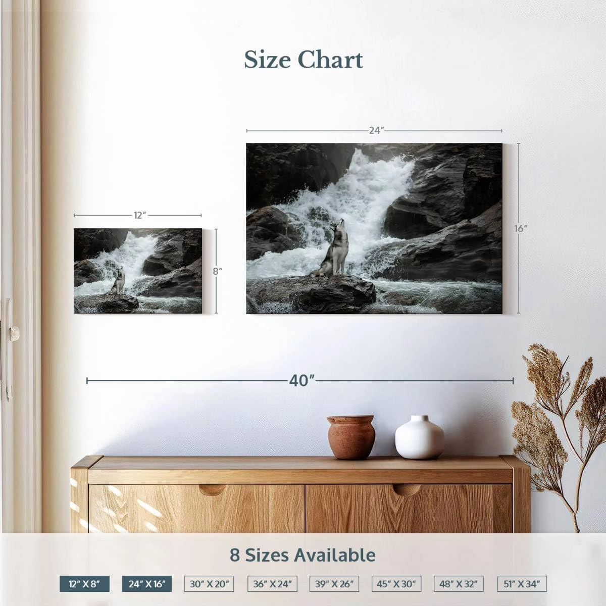 Elephant Stock - Husky By Waterfall Wall Art - Horizontal Canvas Wall Art - Living Room Wall Decor - Photography Nature Canvas Art - Brown And Gray Decor - 12" x 8"