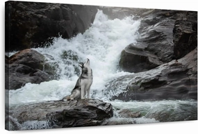 Elephant Stock - Husky By Waterfall Wall Art - Horizontal Canvas Wall Art - Living Room Wall Decor - Photography Nature Canvas Art - Brown And Gray Decor - 12" x 8"