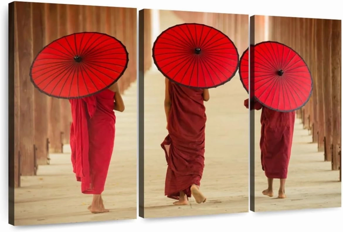 Elephant Stock - Mandalay Burma Monks Wall Art - Horizontal Multi Panel Canvas - 3 Piece Living Room Wall Decor - Photography People Multi Piece Wall Art - Beige And Brown Decor - 33" x 20"